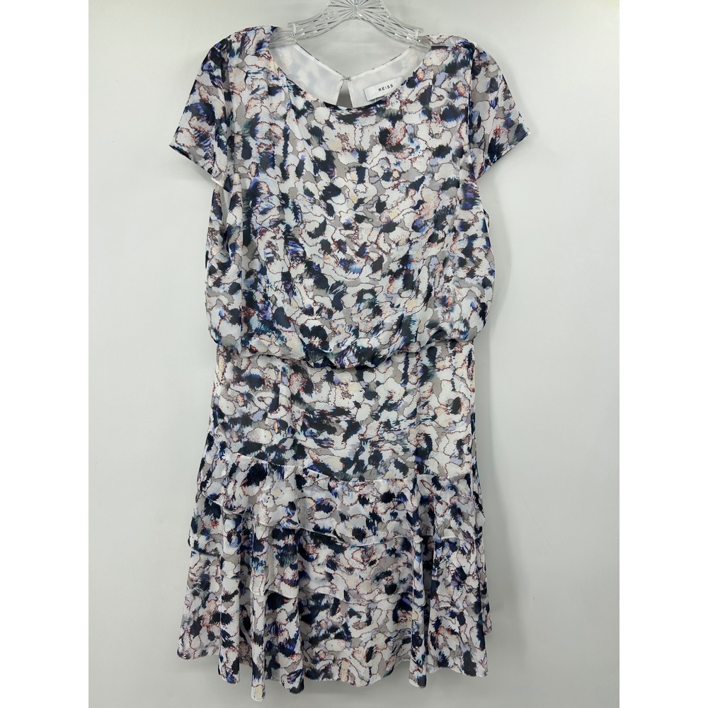 Reiss Abstract Marble Print Blouson Ruffle Mini Dress Blue Purple US 10